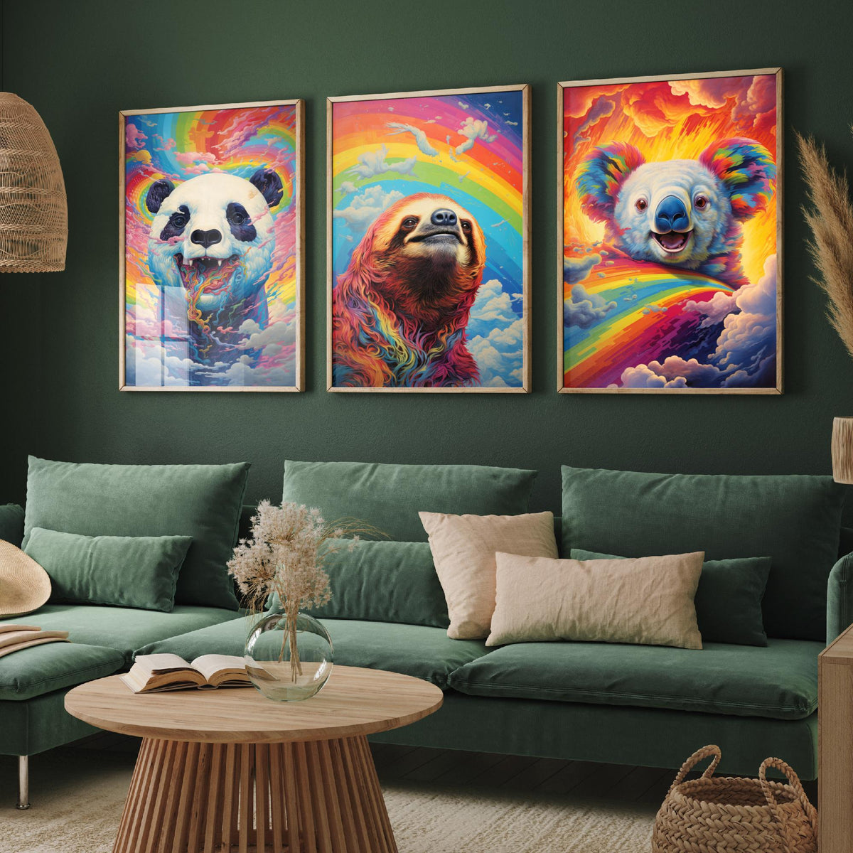 Rainbow Swirl Animals Set of Three Art Prints - Panda, Sloth and Koala - Vivid Psychedelic Poster Illustration