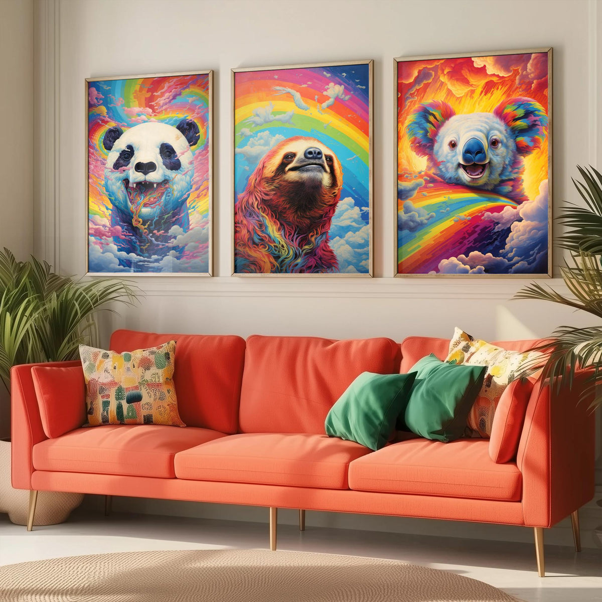 Rainbow Swirl Animals Set of Three Art Prints - Panda, Sloth and Koala - Vivid Psychedelic Poster Illustration