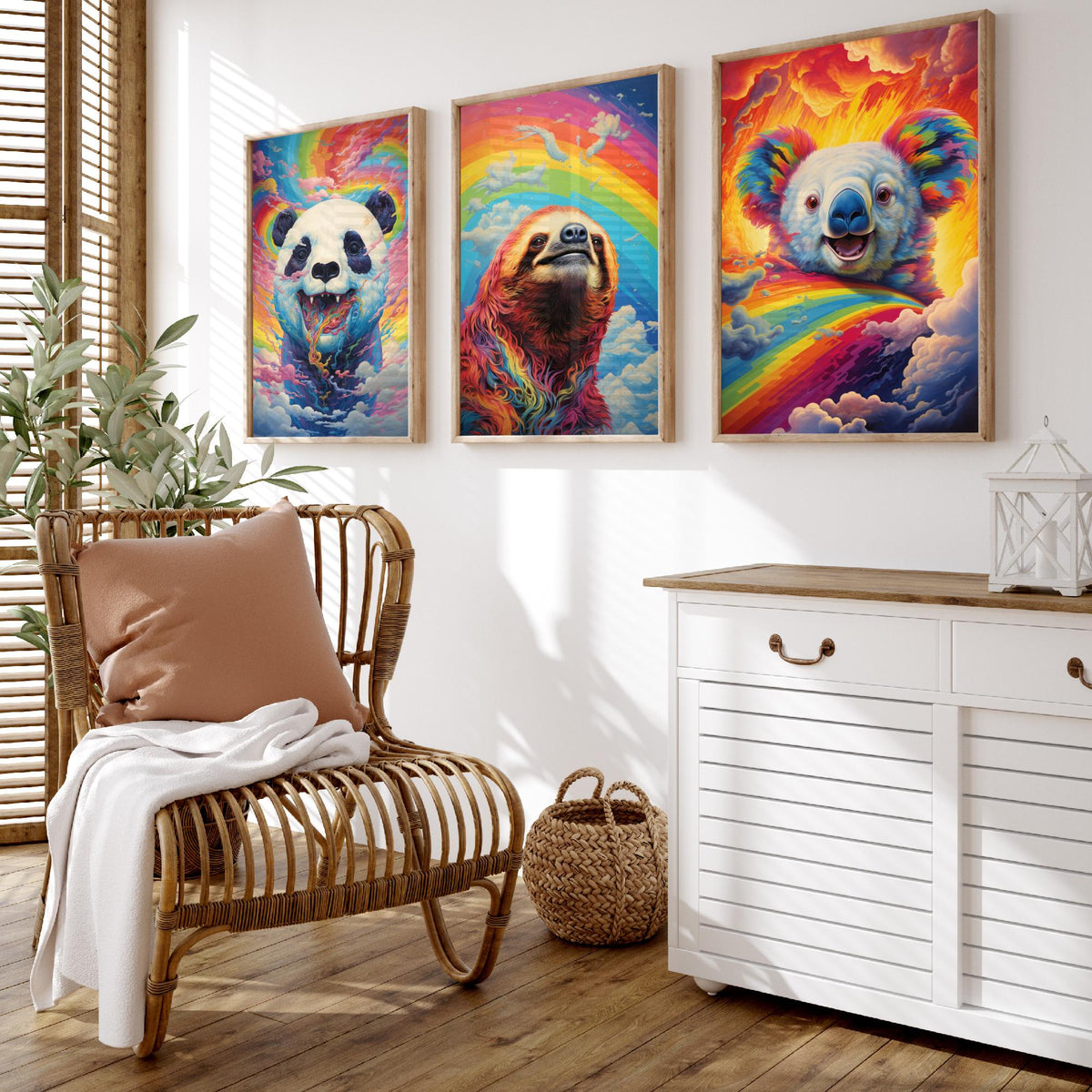 Rainbow Swirl Animals Set of Three Art Prints - Panda, Sloth and Koala - Vivid Psychedelic Poster Illustration