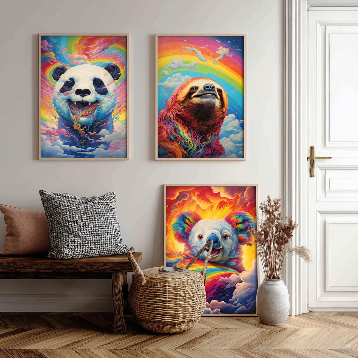 Rainbow Swirl Animals Set of Three Art Prints - Panda, Sloth and Koala - Vivid Psychedelic Poster Illustration