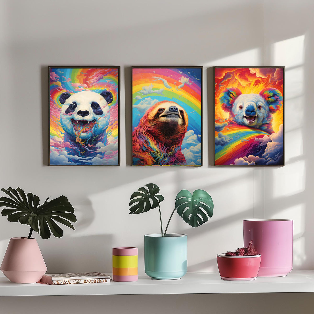 Rainbow Swirl Animals Set of Three Art Prints - Panda, Sloth and Koala - Vivid Psychedelic Poster Illustration
