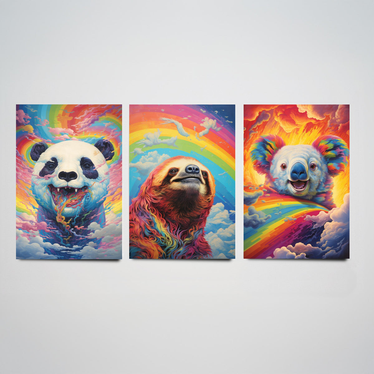 Rainbow Swirl Animals Set of Three Art Prints - Panda, Sloth and Koala - Vivid Psychedelic Poster Illustration