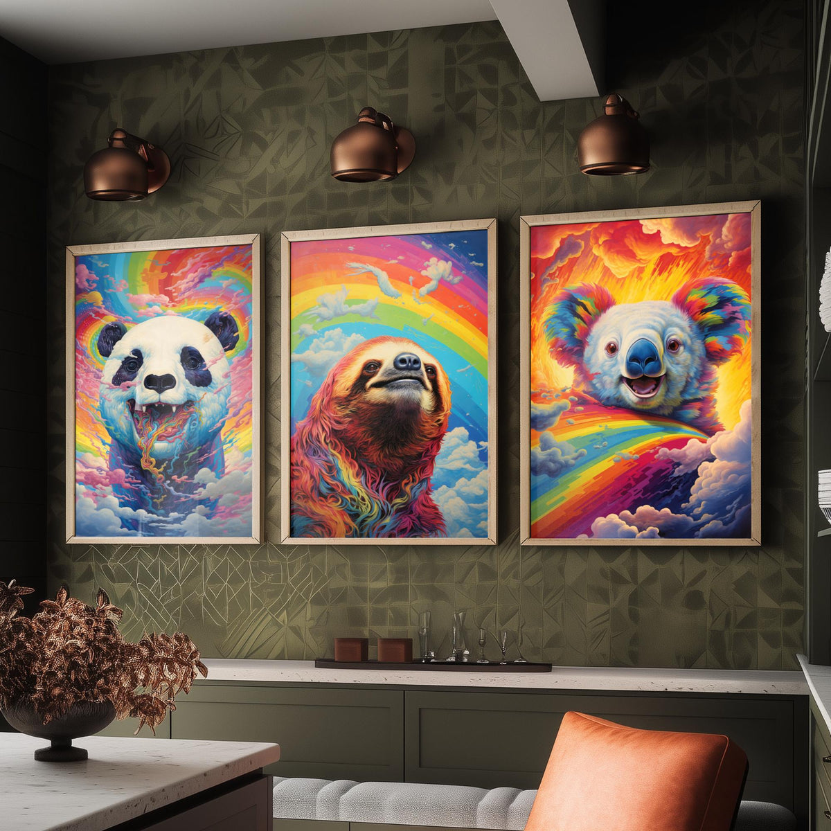 Rainbow Swirl Animals Set of Three Art Prints - Panda, Sloth and Koala - Vivid Psychedelic Poster Illustration