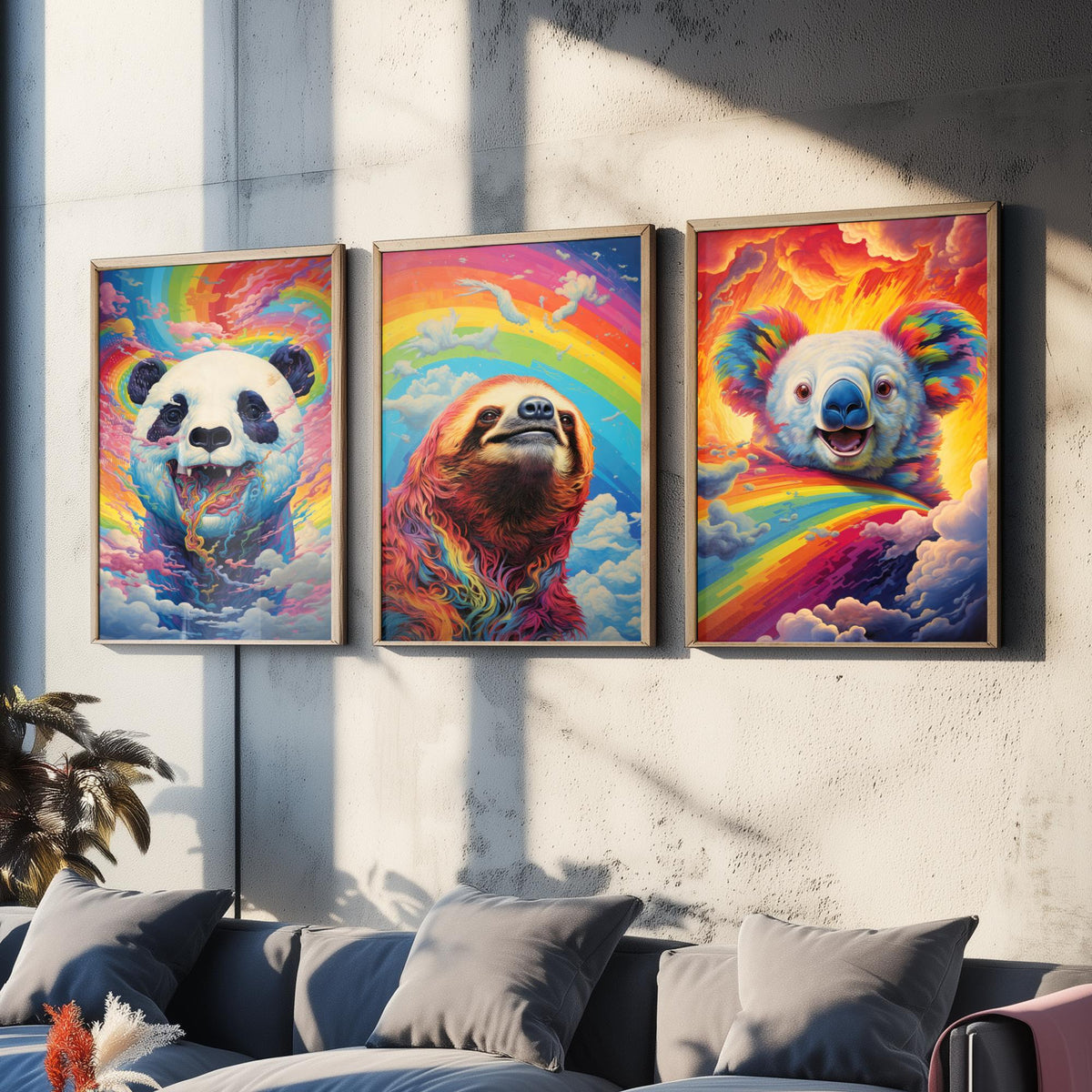Rainbow Swirl Animals Set of Three Art Prints - Panda, Sloth and Koala - Vivid Psychedelic Poster Illustration