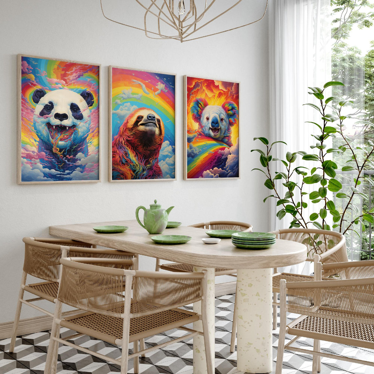 Rainbow Swirl Animals Set of Three Art Prints - Panda, Sloth and Koala - Vivid Psychedelic Poster Illustration