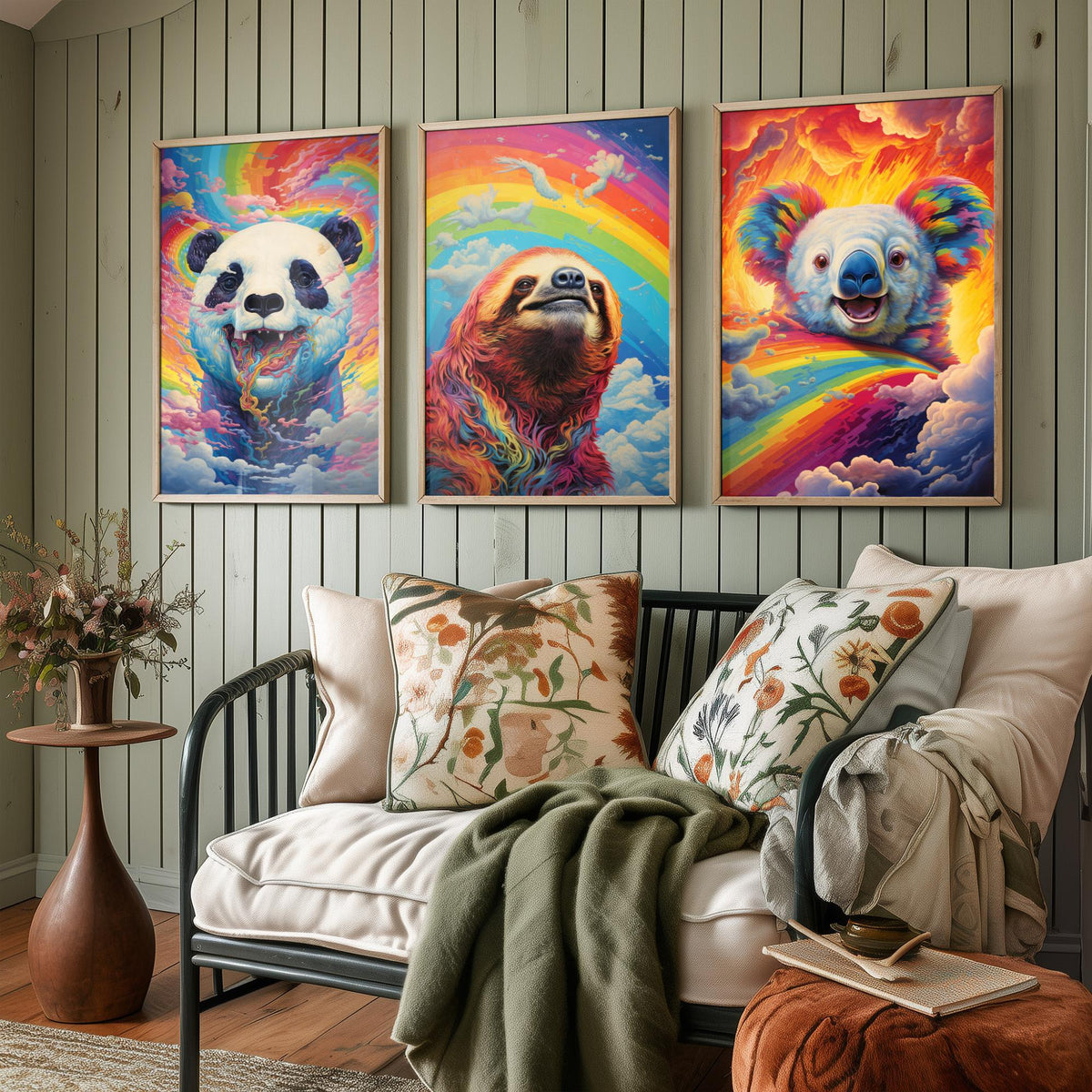 Rainbow Swirl Animals Set of Three Art Prints - Panda, Sloth and Koala - Vivid Psychedelic Poster Illustration