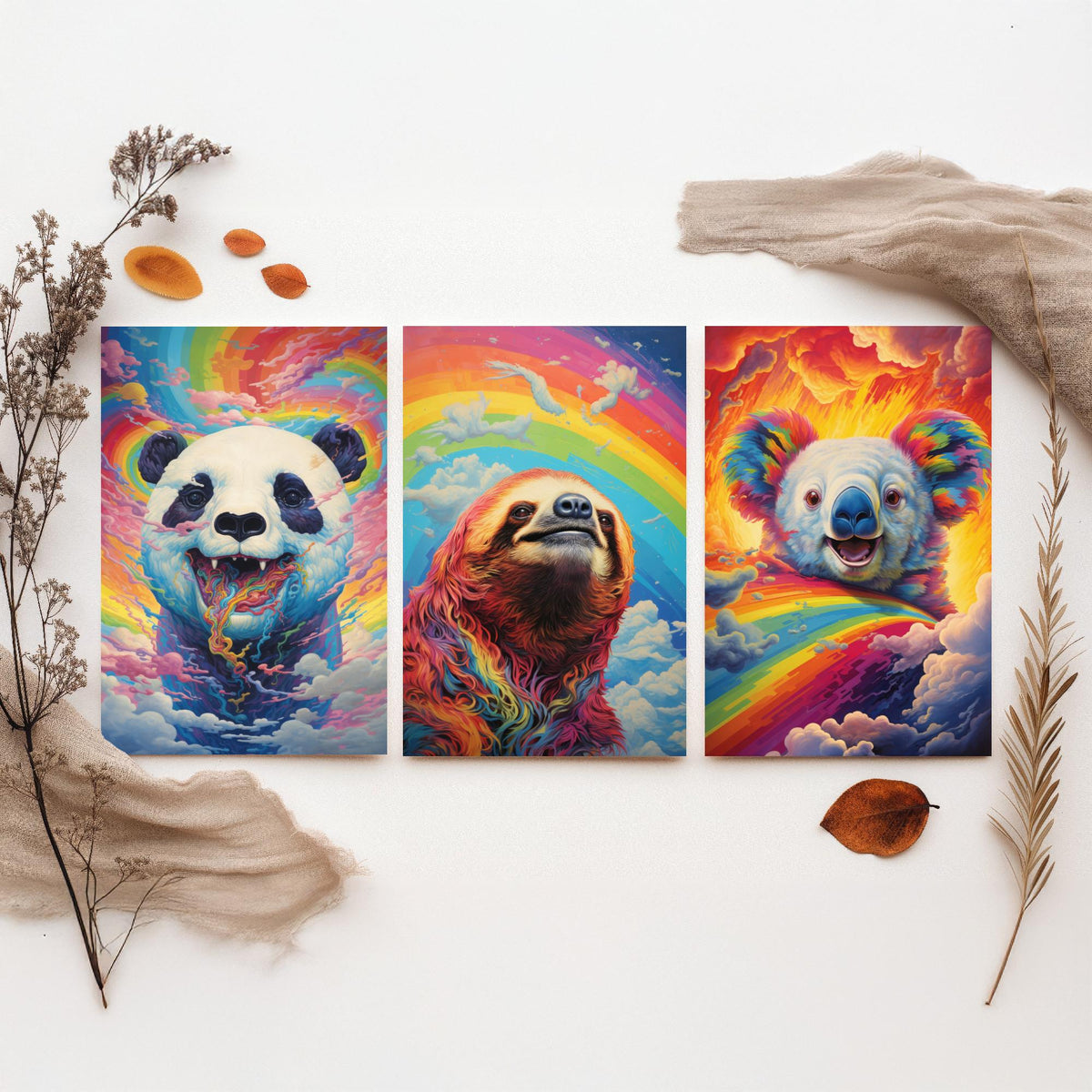 Rainbow Swirl Animals Set of Three Art Prints - Panda, Sloth and Koala - Vivid Psychedelic Poster Illustration