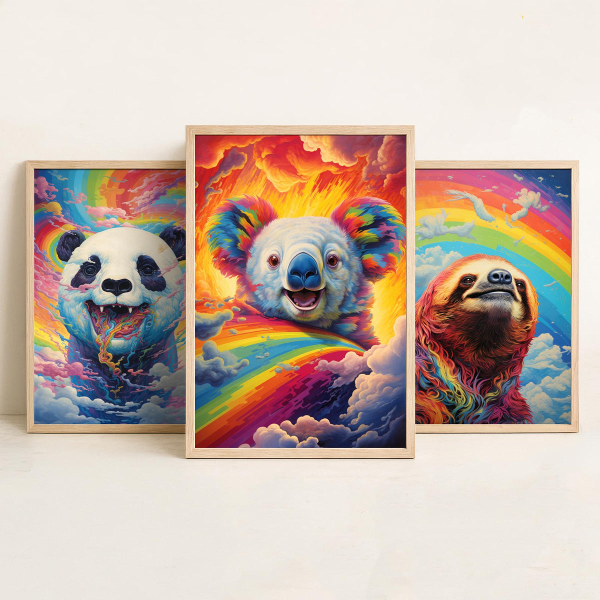 Rainbow Swirl Animals Set of Three Art Prints - Panda, Sloth and Koala - Vivid Psychedelic Poster Illustration