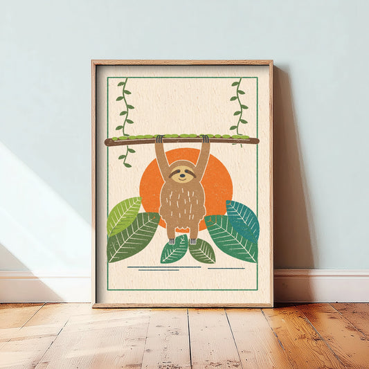 Sloth Art Print - Rainforest Animal Poster - Linocut Style Jungle Illustration V1 1/3