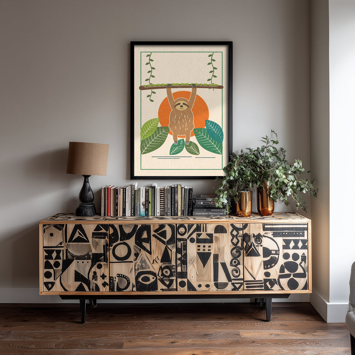 Sloth Art Print - Rainforest Animal Poster - Linocut Style Jungle Illustration V1 1/3