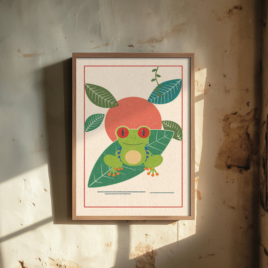 Red Eyed Tree Frog Art Print - Jungle Nursery Poster - Retro Lino Style Illustration V1 2/3