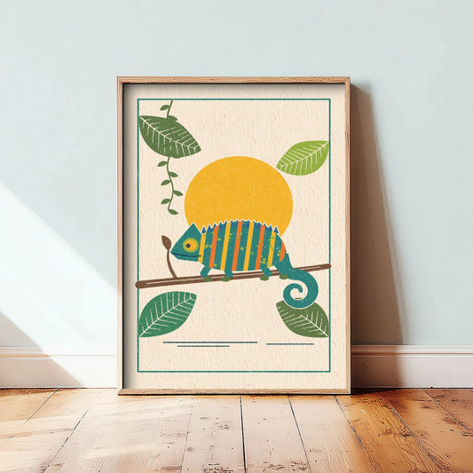 Chameleon Art Print - Rainforest Lizard Poster - Retro Linocut Woodcut Design V1 3/3