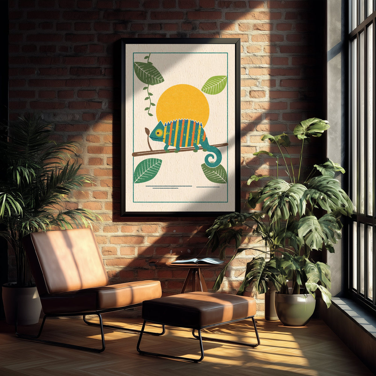 Chameleon Art Print - Rainforest Lizard Poster - Retro Linocut Woodcut Design V1 3/3