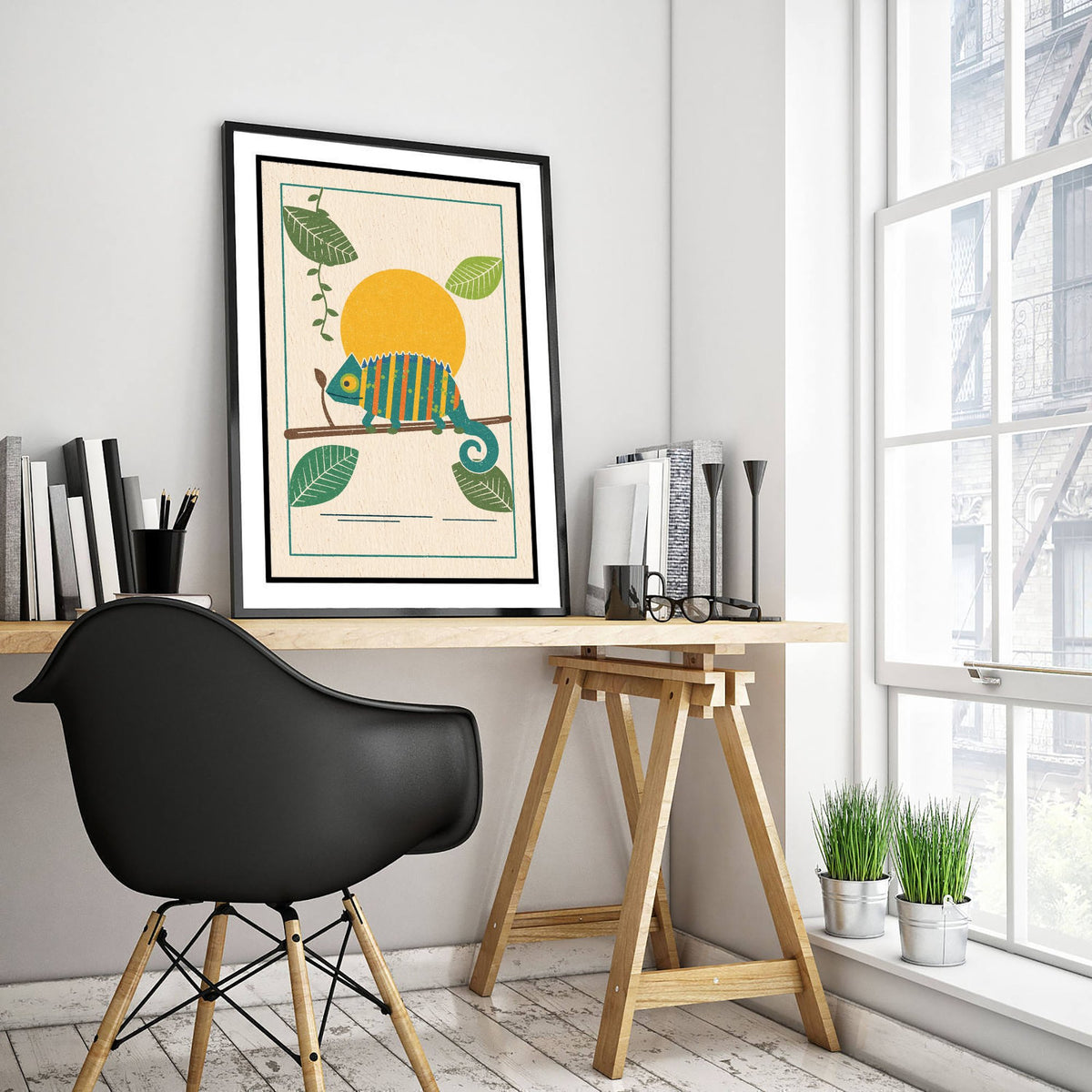 Chameleon Art Print - Rainforest Lizard Poster - Retro Linocut Woodcut Design V1 3/3