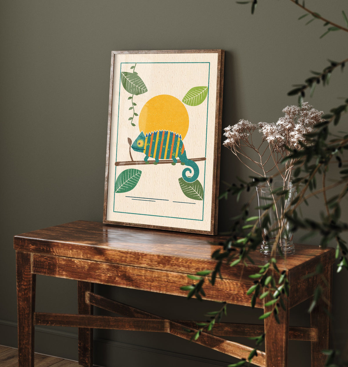Chameleon Art Print - Rainforest Lizard Poster - Retro Linocut Woodcut Design V1 3/3