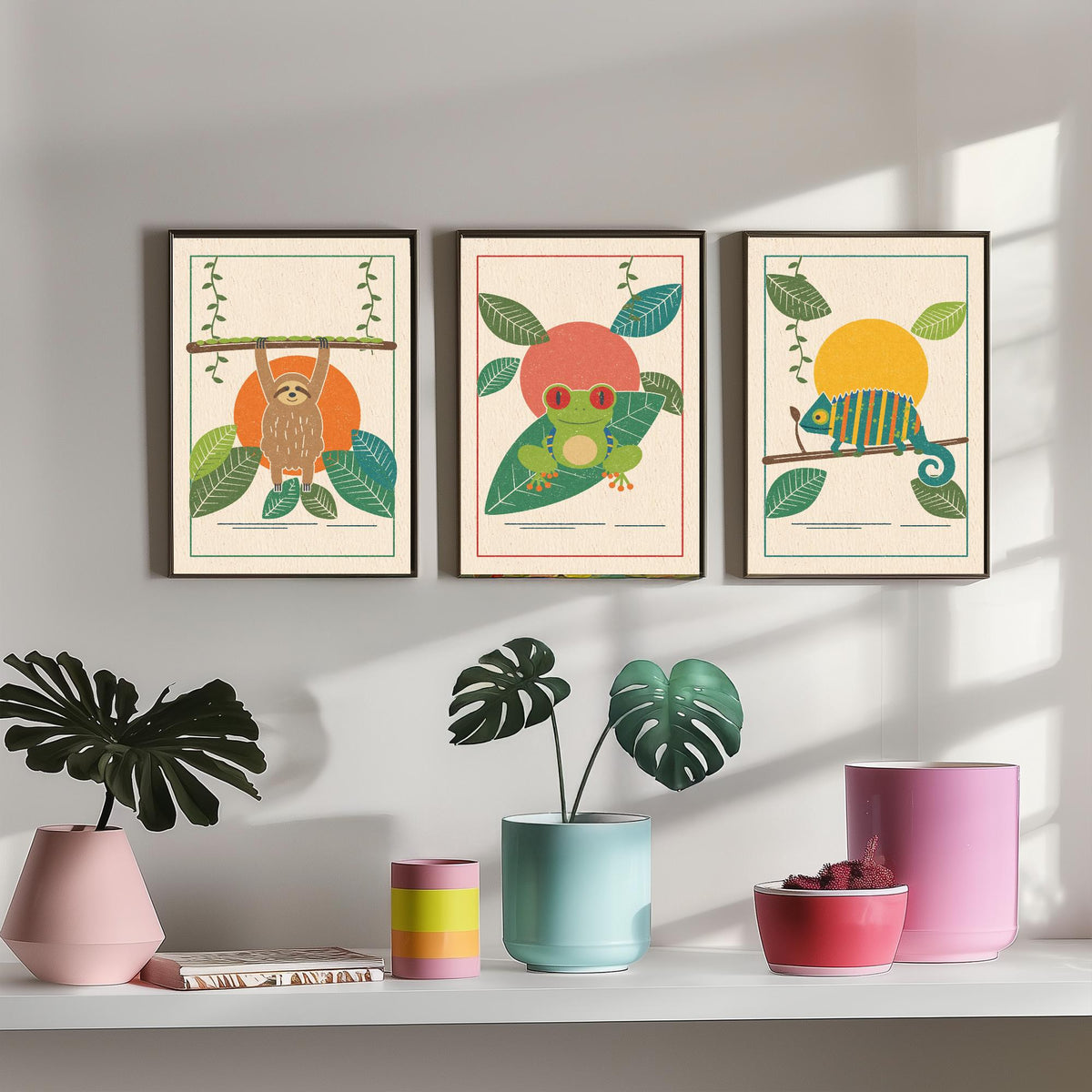Rainforest Animal Set of Three Art Prints - Sloth, Tree Frog, Chameleon - Linocut Style Poster Illustration V1
