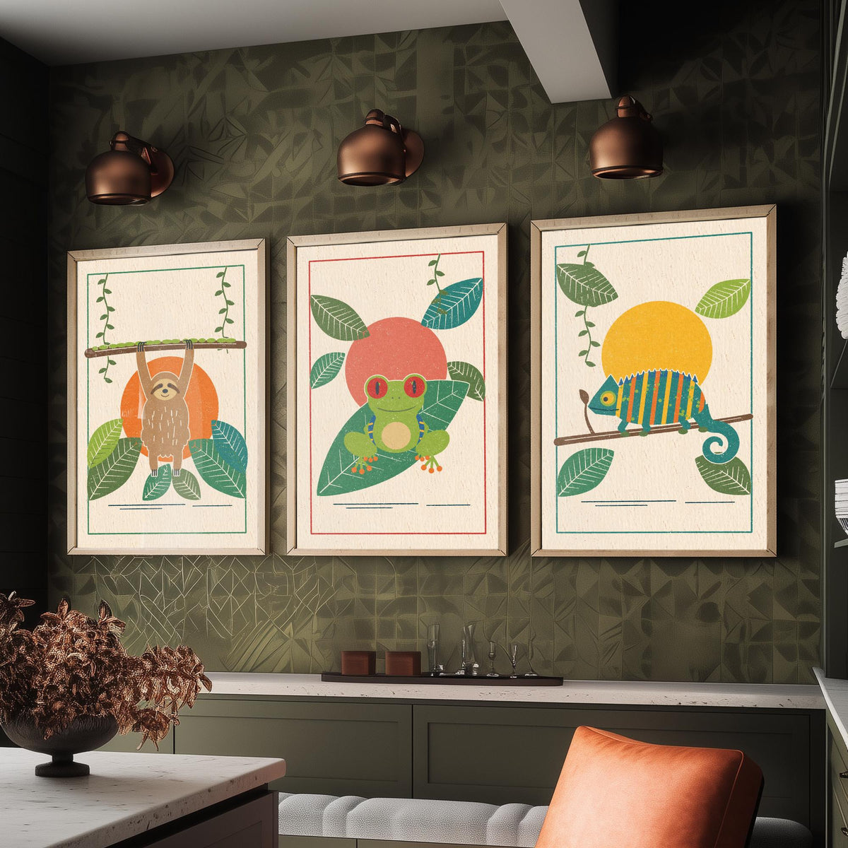 Rainforest Animal Set of Three Art Prints - Sloth, Tree Frog, Chameleon - Linocut Style Poster Illustration V1