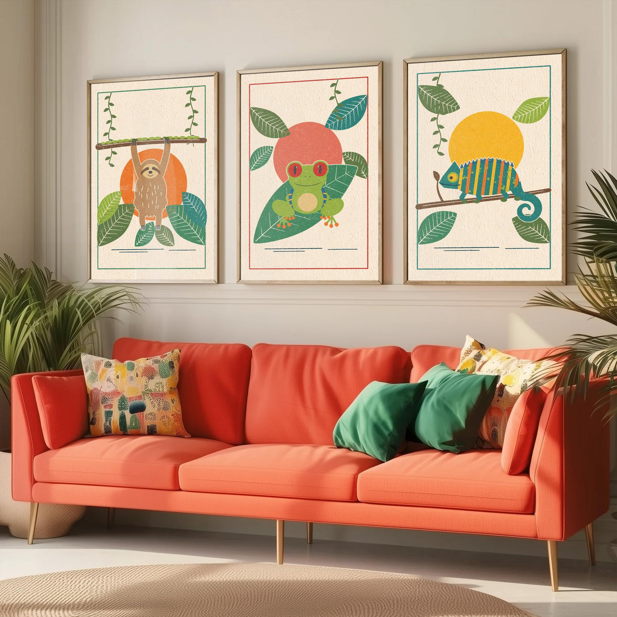 Rainforest Animal Set of Three Art Prints - Sloth, Tree Frog, Chameleon - Linocut Style Poster Illustration V1