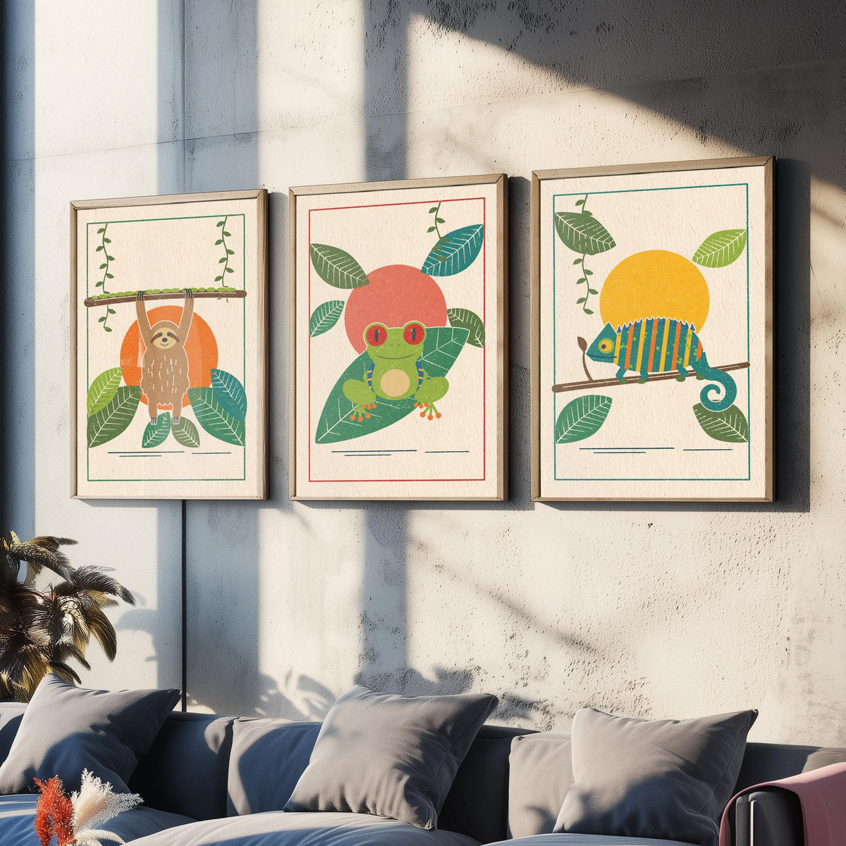 Rainforest Animal Set of Three Art Prints - Sloth, Tree Frog, Chameleon - Linocut Style Poster Illustration V1