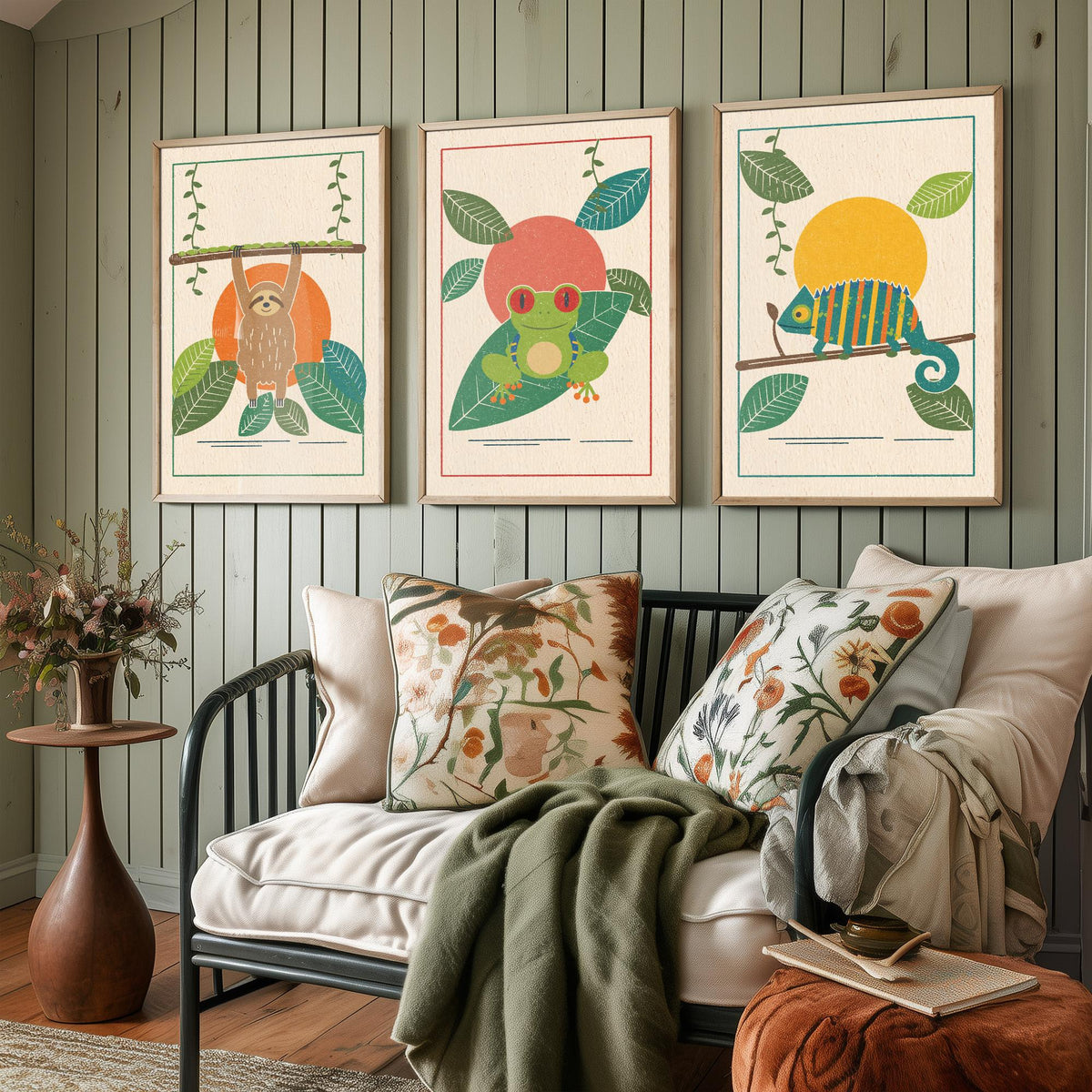 Rainforest Animal Set of Three Art Prints - Sloth, Tree Frog, Chameleon - Linocut Style Poster Illustration V1