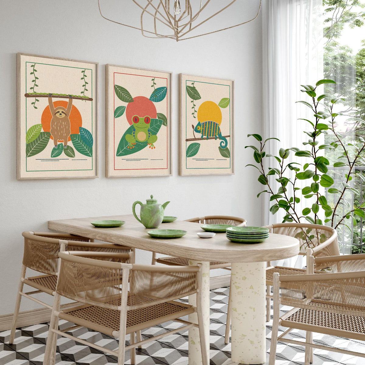 Rainforest Animal Set of Three Art Prints - Sloth, Tree Frog, Chameleon - Linocut Style Poster Illustration V1