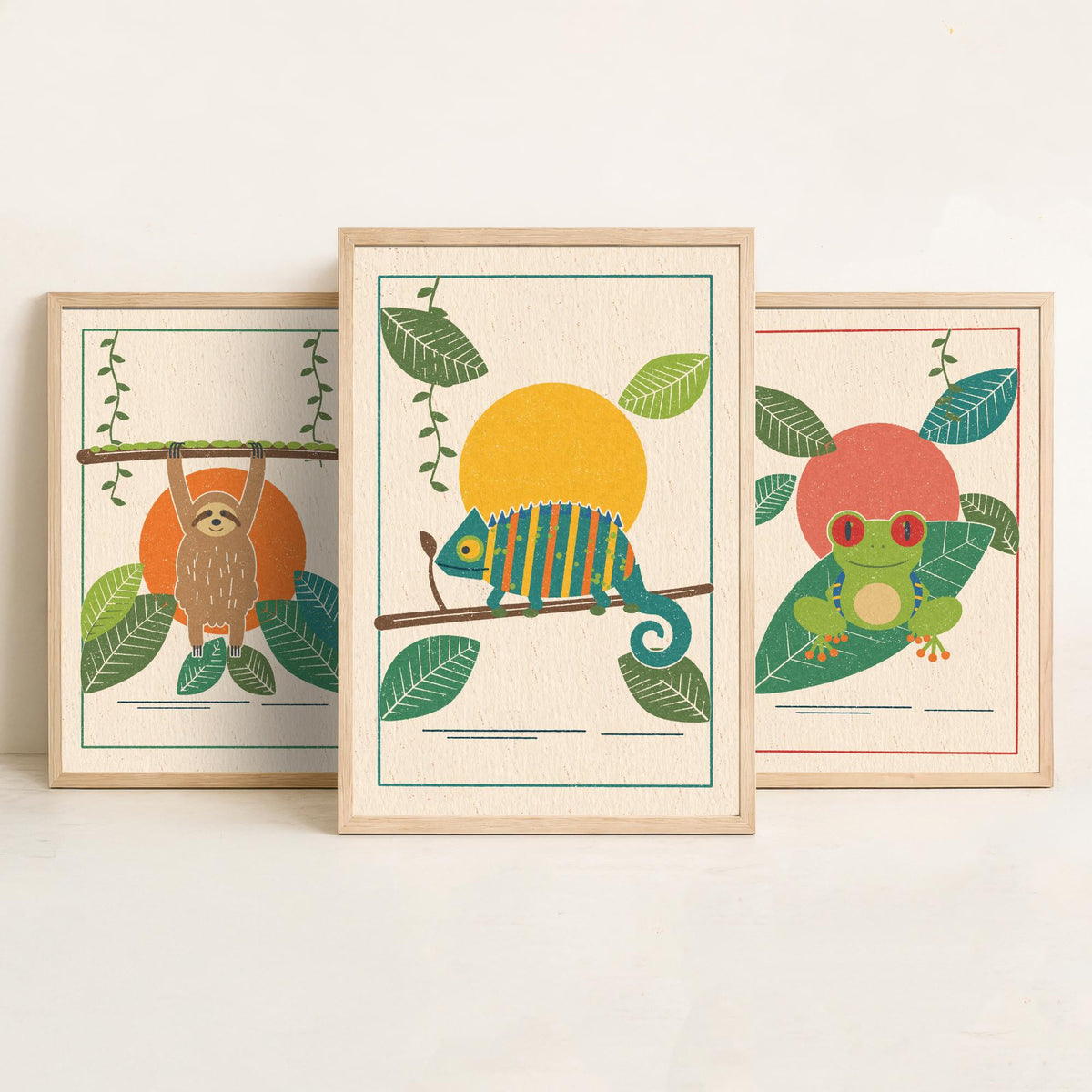 Rainforest Animal Set of Three Art Prints - Sloth, Tree Frog, Chameleon - Linocut Style Poster Illustration V1