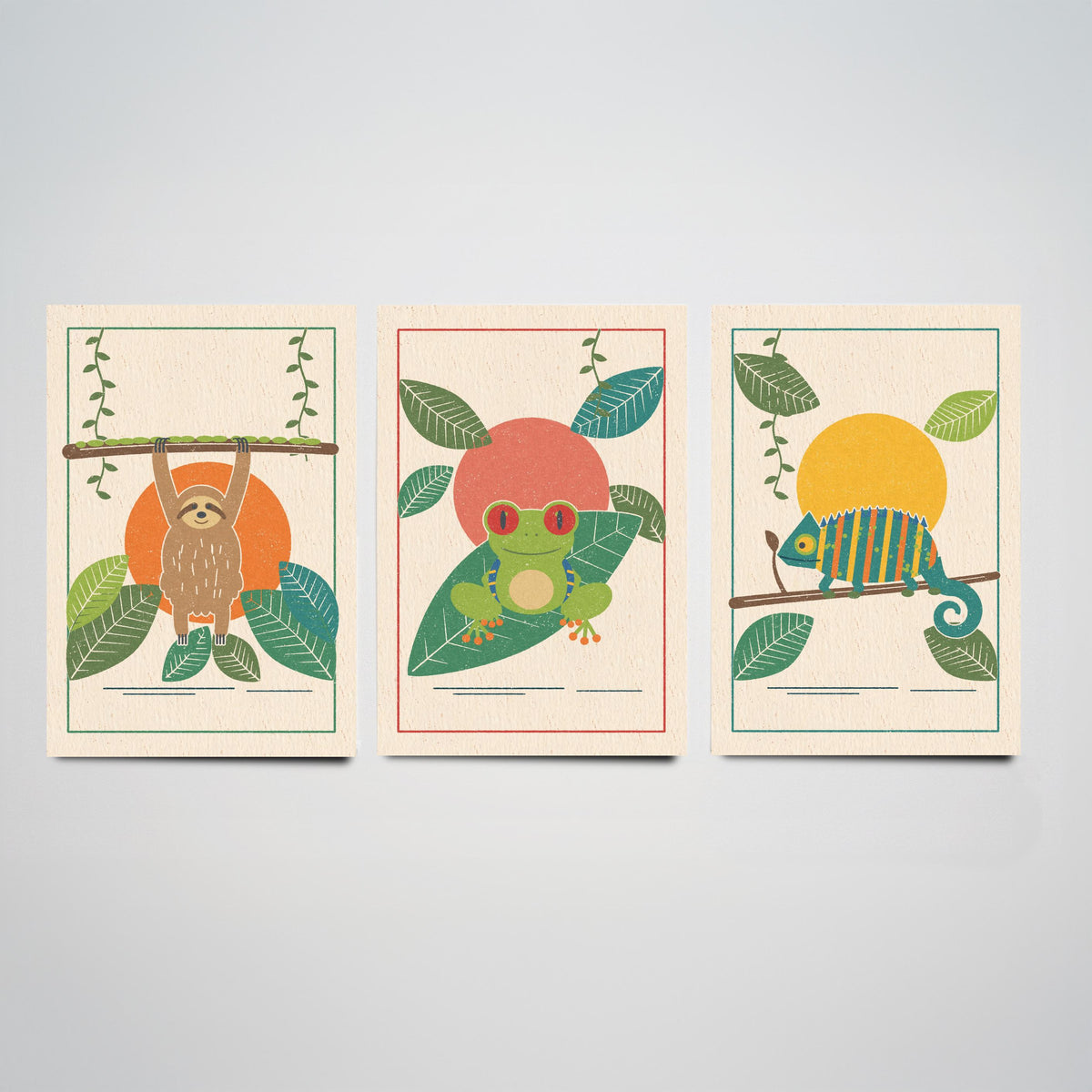 Rainforest Animal Set of Three Art Prints - Sloth, Tree Frog, Chameleon - Linocut Style Poster Illustration V1