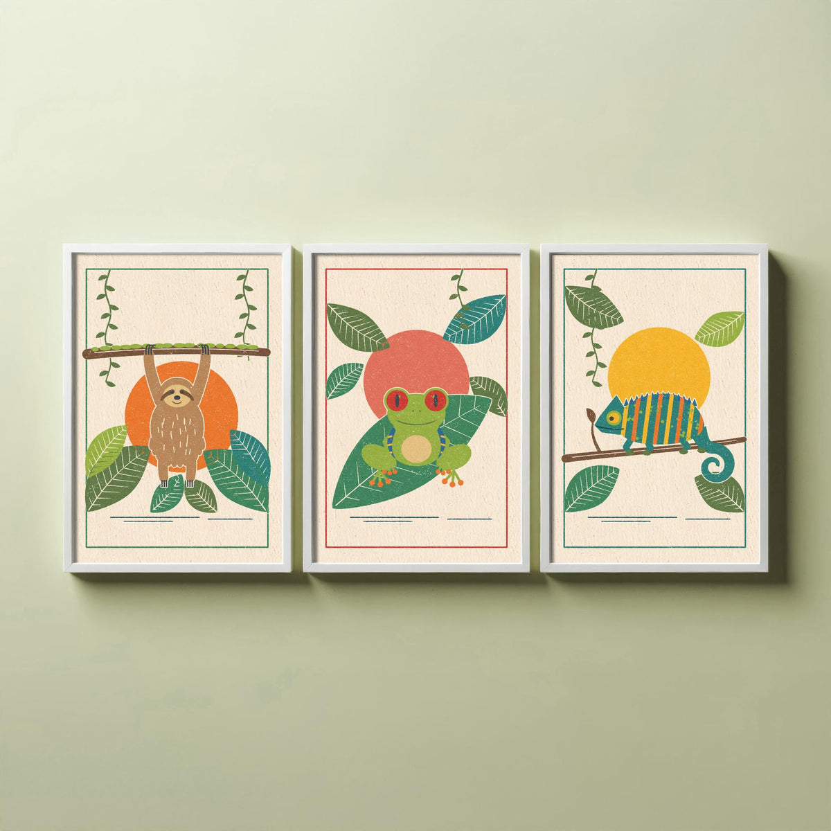 Rainforest Animal Set of Three Art Prints - Sloth, Tree Frog, Chameleon - Linocut Style Poster Illustration V1