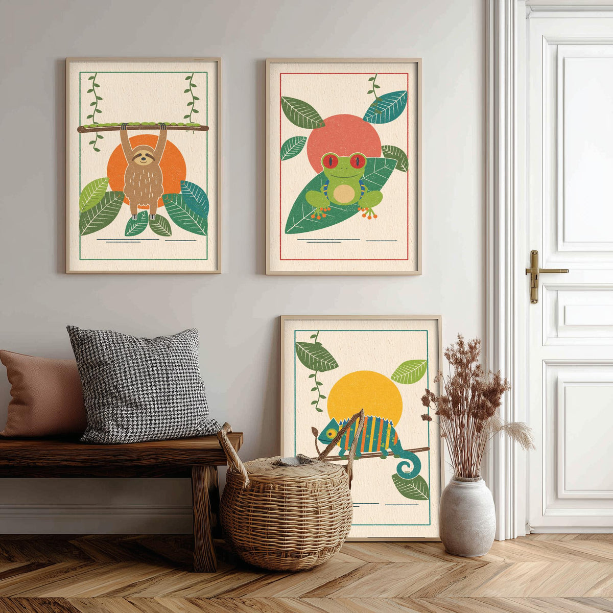 Rainforest Animal Set of Three Art Prints - Sloth, Tree Frog, Chameleon - Linocut Style Poster Illustration V1