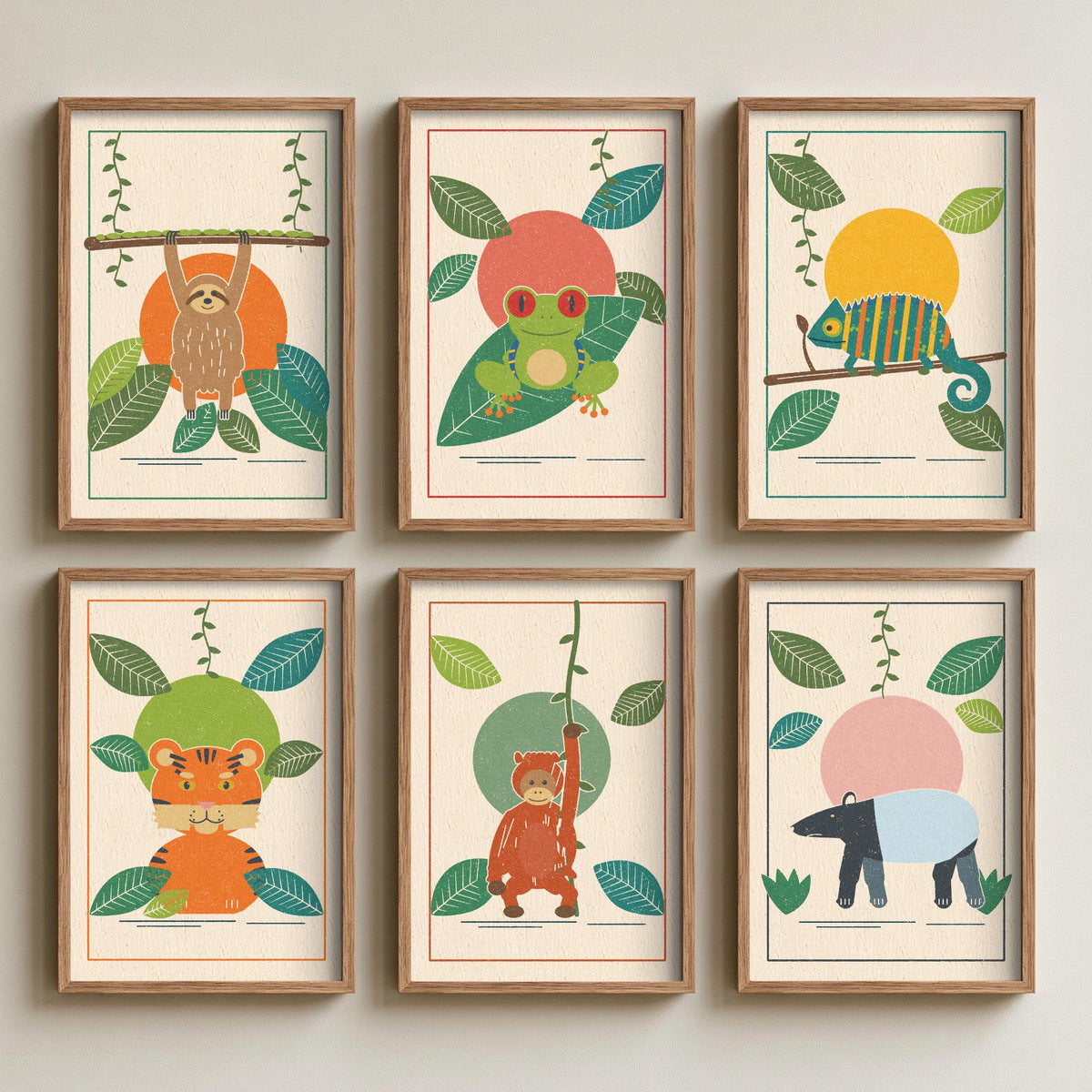 Set of Six Rainforest Animal Art Prints - 6 Jungle Linocut Illustration Posters - Sloth, Tree Frog, Chameleon, Tiger, Orangutan, Tapir