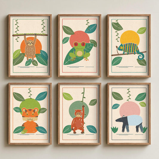 Set of Six Rainforest Animal Art Prints - 6 Jungle Linocut Illustration Posters - Sloth, Tree Frog, Chameleon, Tiger, Orangutan, Tapir