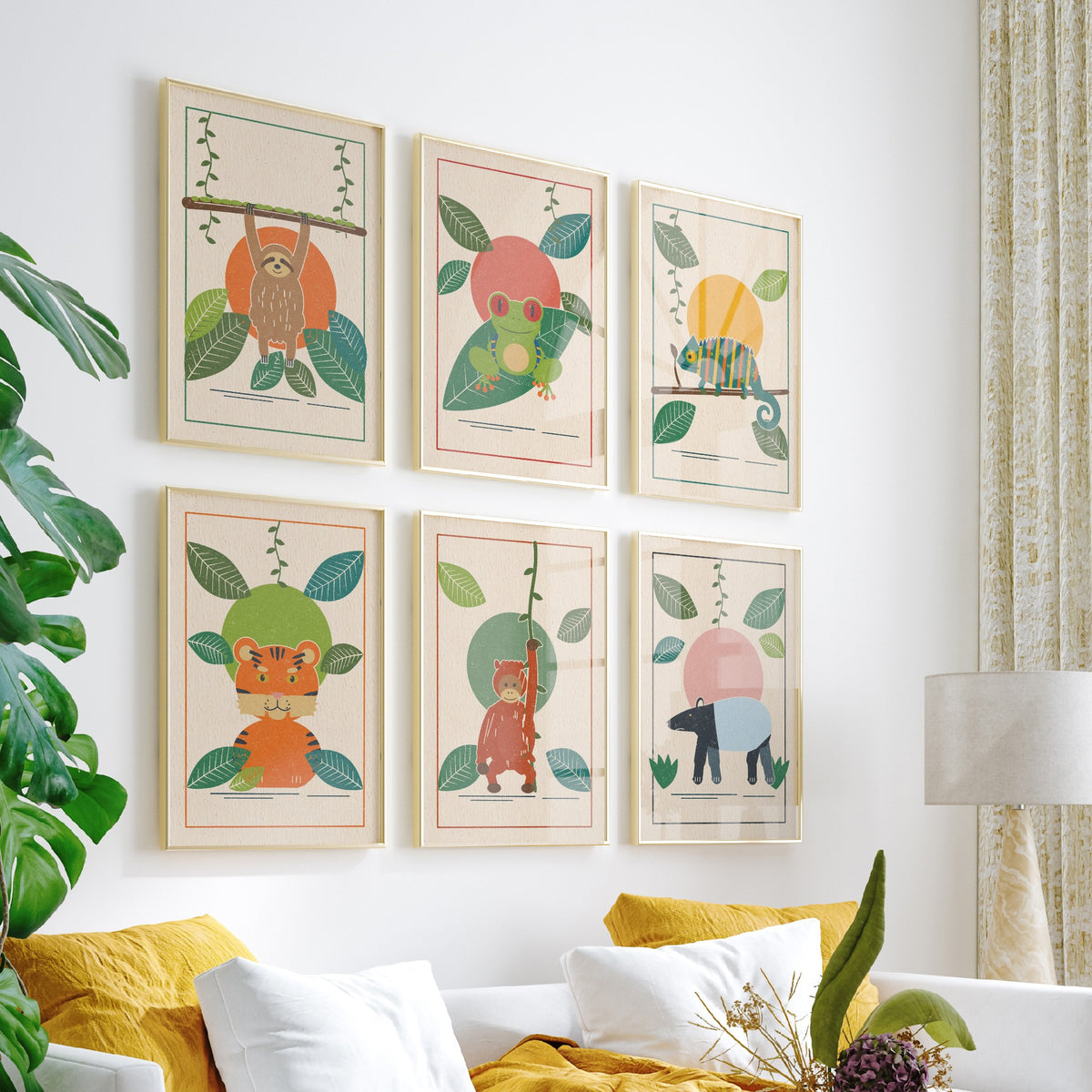 Set of Six Rainforest Animal Art Prints - 6 Jungle Linocut Illustration Posters - Sloth, Tree Frog, Chameleon, Tiger, Orangutan, Tapir