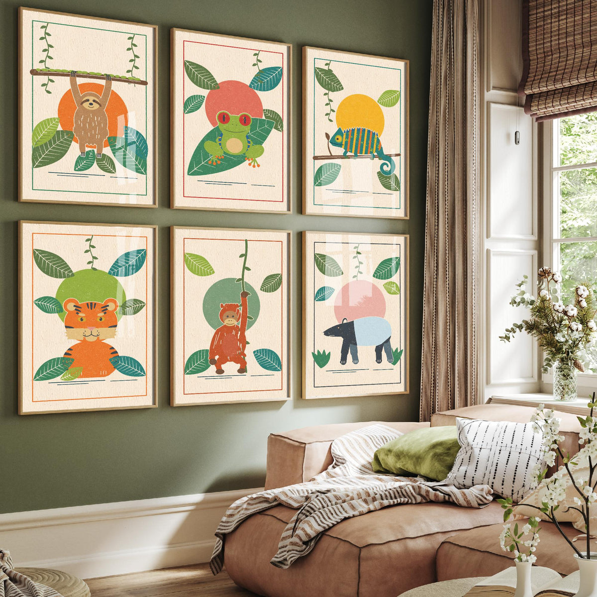 Set of Six Rainforest Animal Art Prints - 6 Jungle Linocut Illustration Posters - Sloth, Tree Frog, Chameleon, Tiger, Orangutan, Tapir