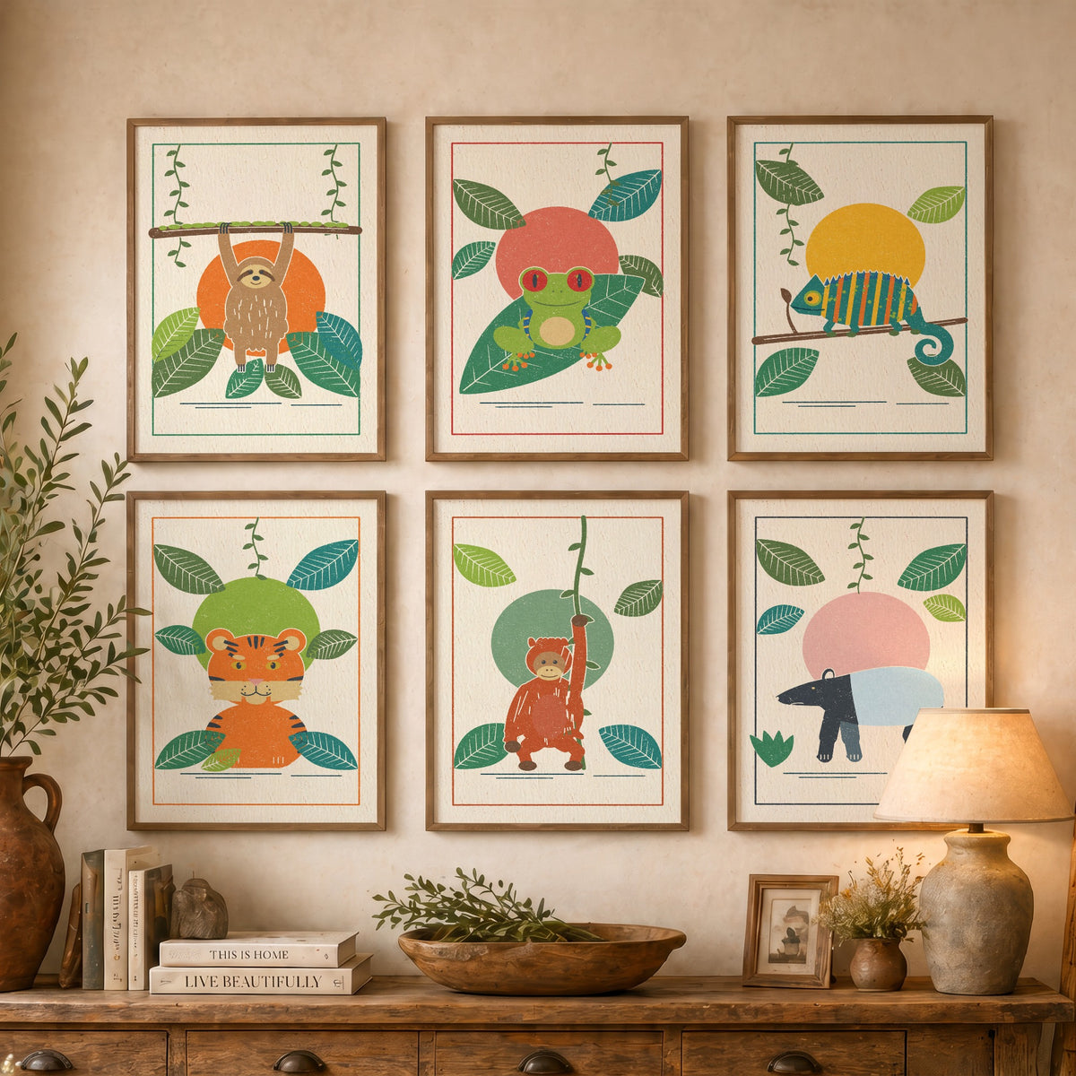 Set of Six Rainforest Animal Art Prints - 6 Jungle Linocut Illustration Posters - Sloth, Tree Frog, Chameleon, Tiger, Orangutan, Tapir