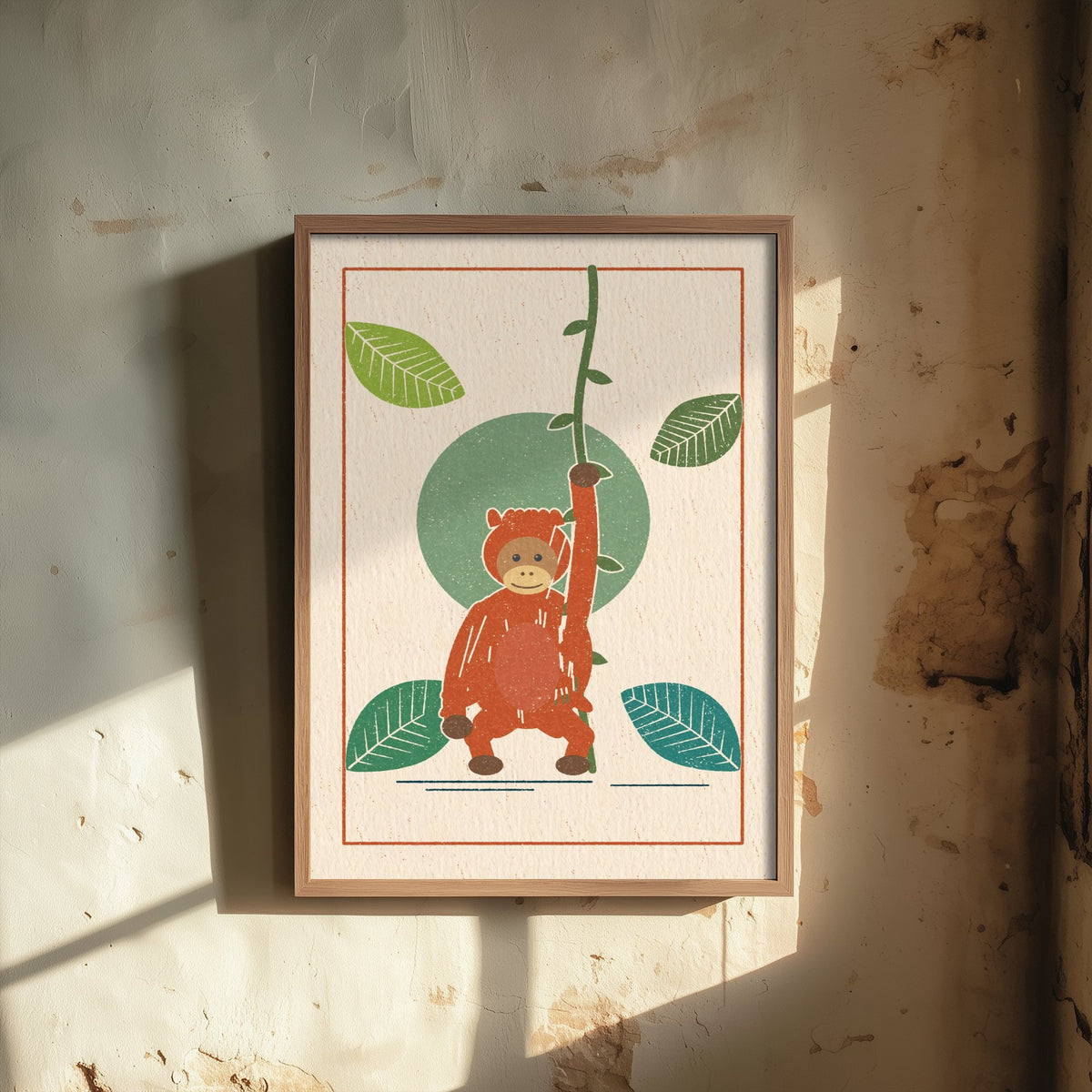 Orangutan Art Print - Rainforest Ape Poster - Linocut Woodcut Nursery Design V2 2/3