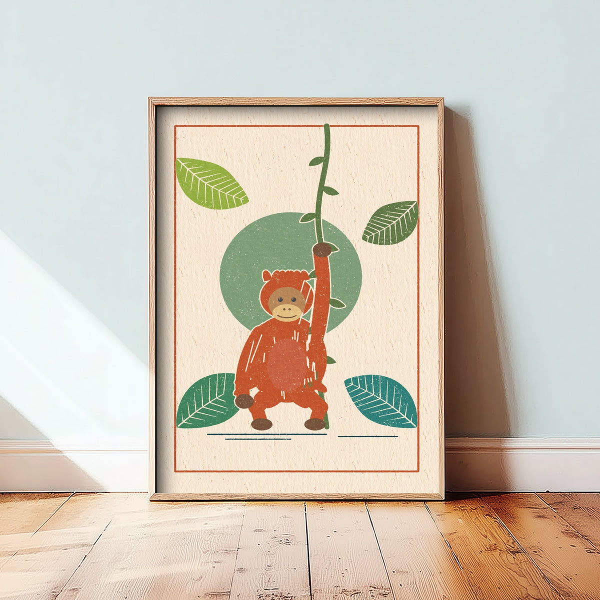 Orangutan Art Print - Rainforest Ape Poster - Linocut Woodcut Nursery Design V2 2/3