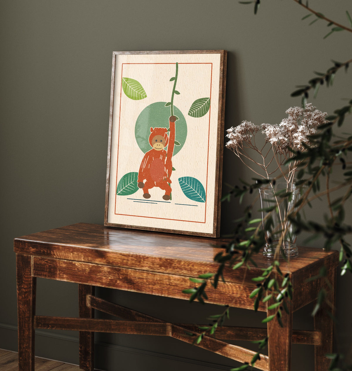 Orangutan Art Print - Rainforest Ape Poster - Linocut Woodcut Nursery Design V2 2/3