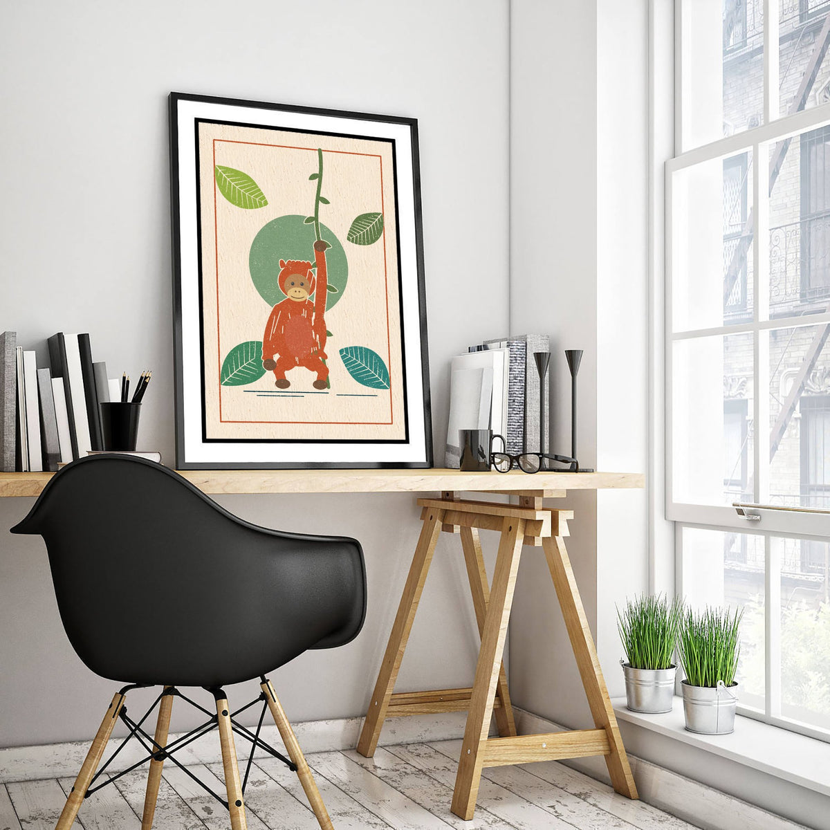 Orangutan Art Print - Rainforest Ape Poster - Linocut Woodcut Nursery Design V2 2/3
