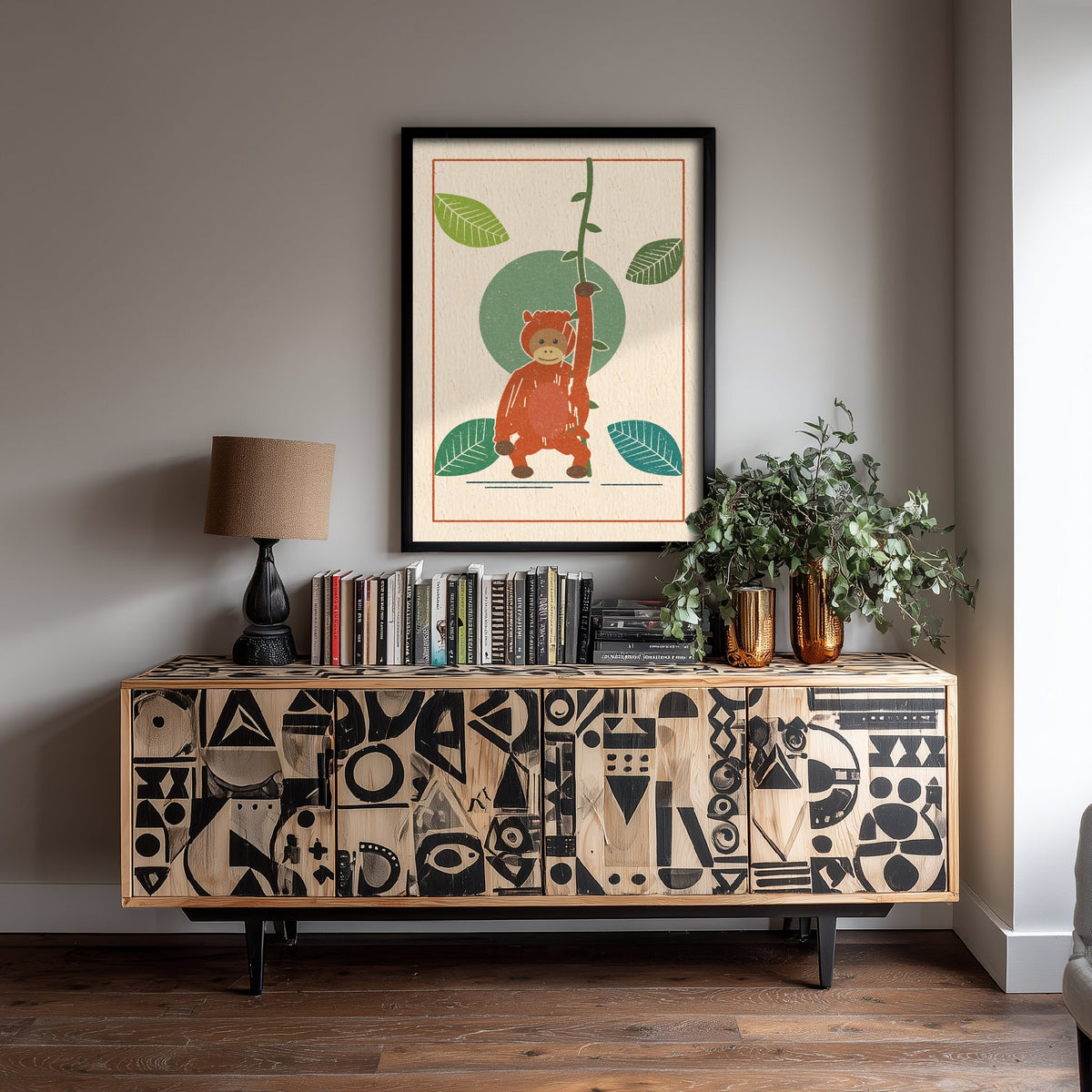 Orangutan Art Print - Rainforest Ape Poster - Linocut Woodcut Nursery Design V2 2/3