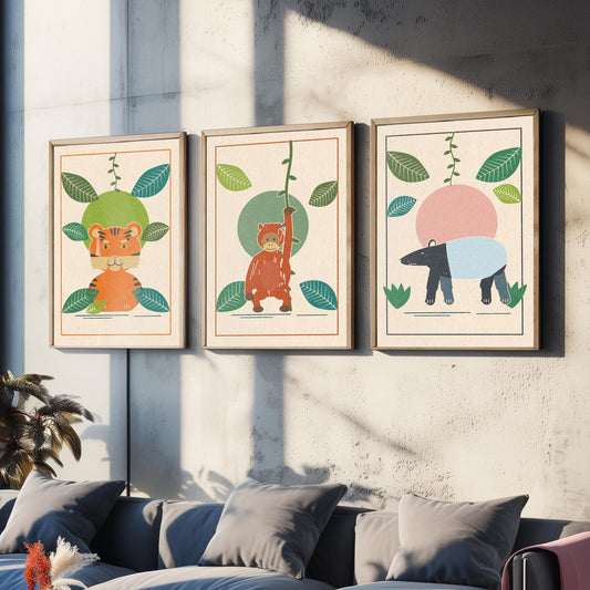 Rainforest Animal Set of Three Art Prints - Tiger, Orangutan, Tapir - Linocut Style Poster Illustration V2