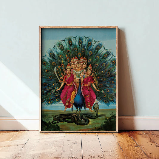 Raja Ravi Varma - Murugan (Late 19th Century) - Classic Painting Art Print - Six-Headed Kartikeya with Valli Devasena Peacock Poster