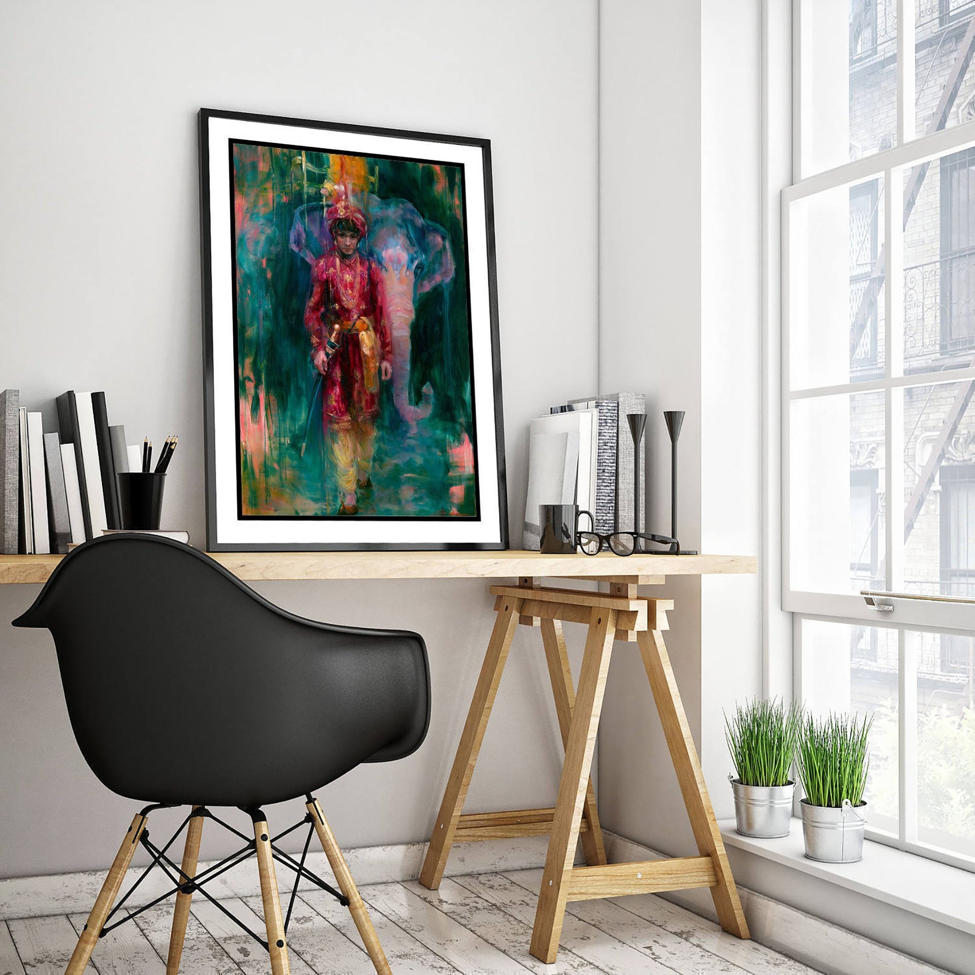 Rajput Prince & Elephant Art Print - Vibrant Indian Painting - Maharaja Poster V1