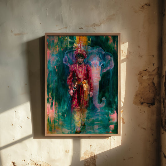 Rajput Prince & Elephant Art Print - Vibrant Indian Painting - Maharaja Poster V1
