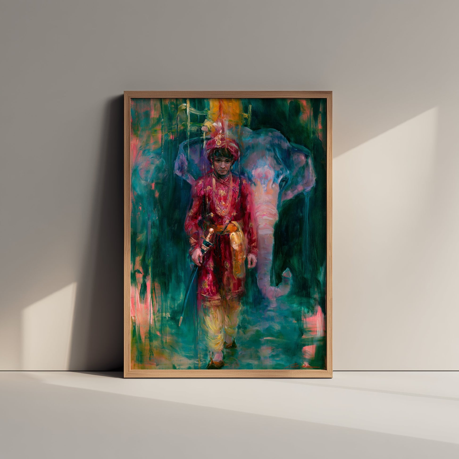 Rajput Prince & Elephant Art Print - Vibrant Indian Painting - Maharaja Poster V1
