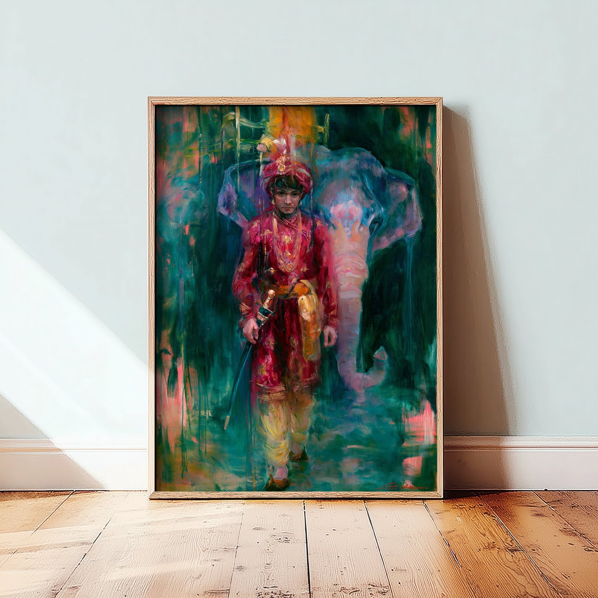 Rajput Prince & Elephant Art Print - Vibrant Indian Painting - Maharaja Poster V1