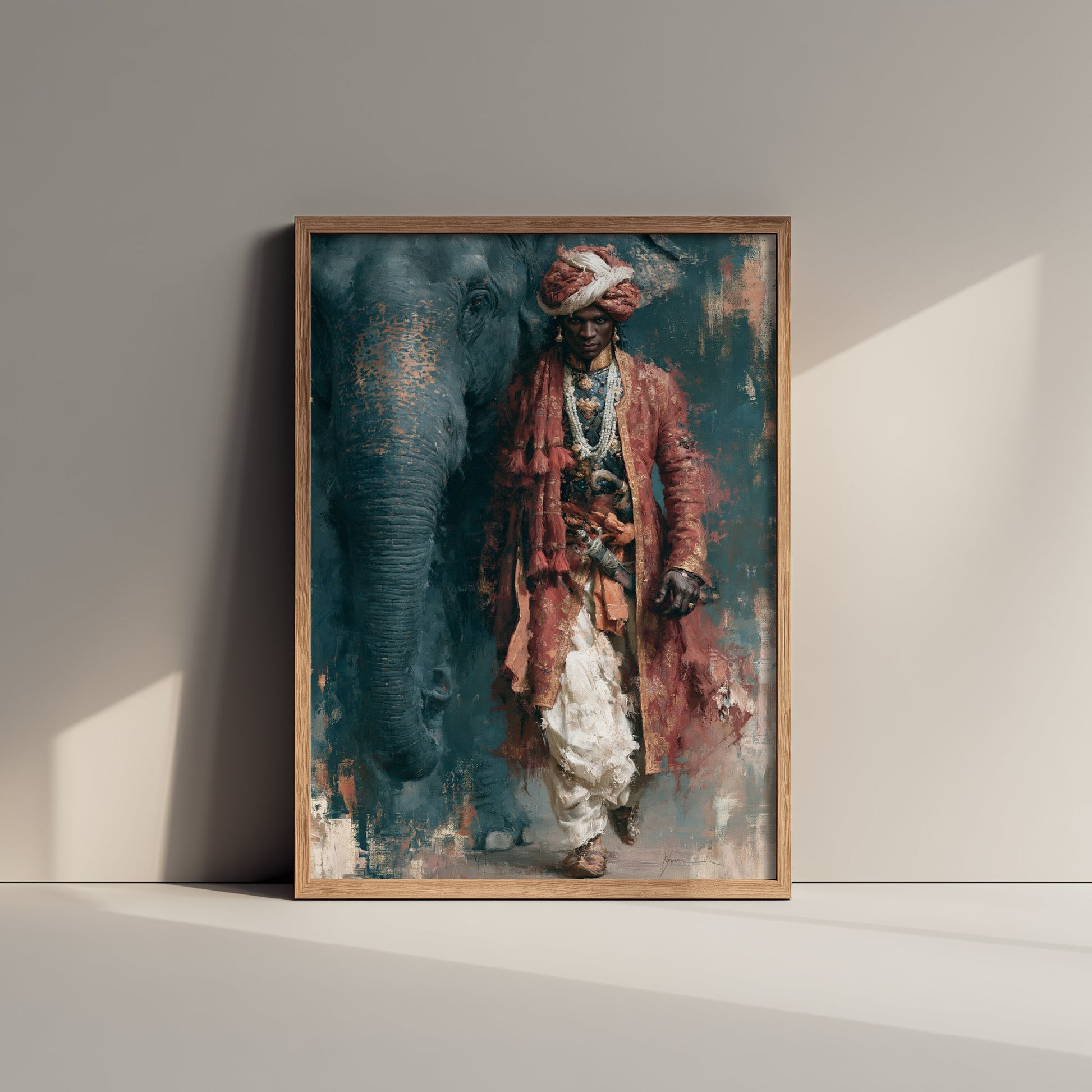 Rajput Warrior & Elephant Art Print - Indian Oil Painting - Royal Maharaja Poster