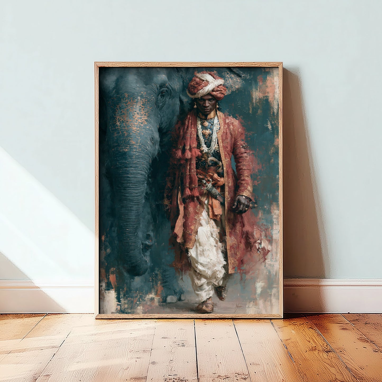 Rajput Warrior & Elephant Art Print - Indian Oil Painting - Royal Maharaja Poster