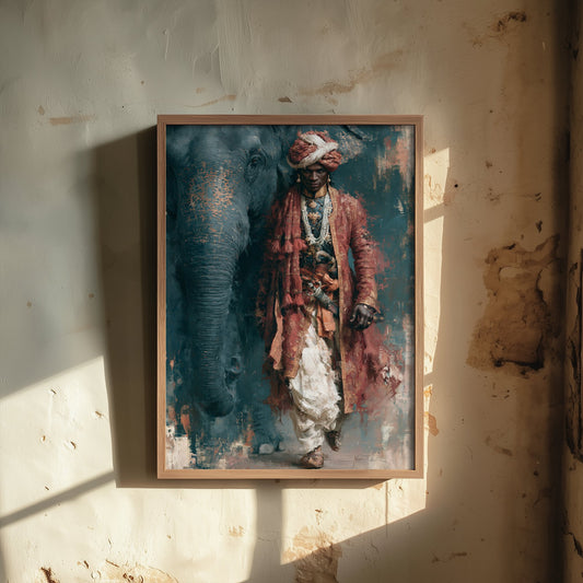 Rajput Warrior & Elephant Art Print - Indian Oil Painting - Royal Maharaja Poster