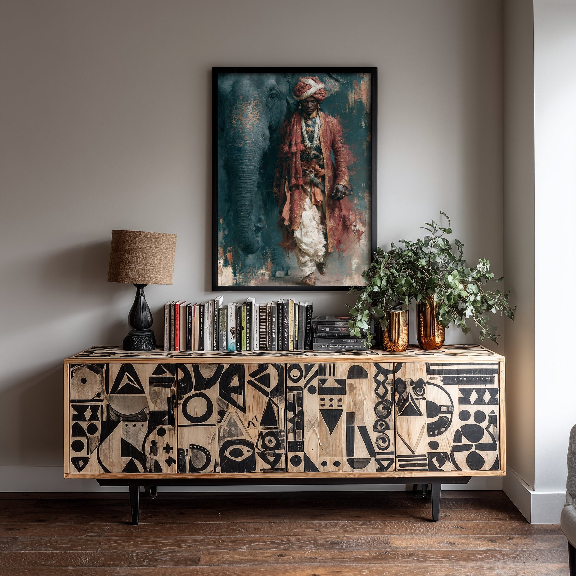 Rajput Warrior & Elephant Art Print - Indian Oil Painting - Royal Maharaja Poster