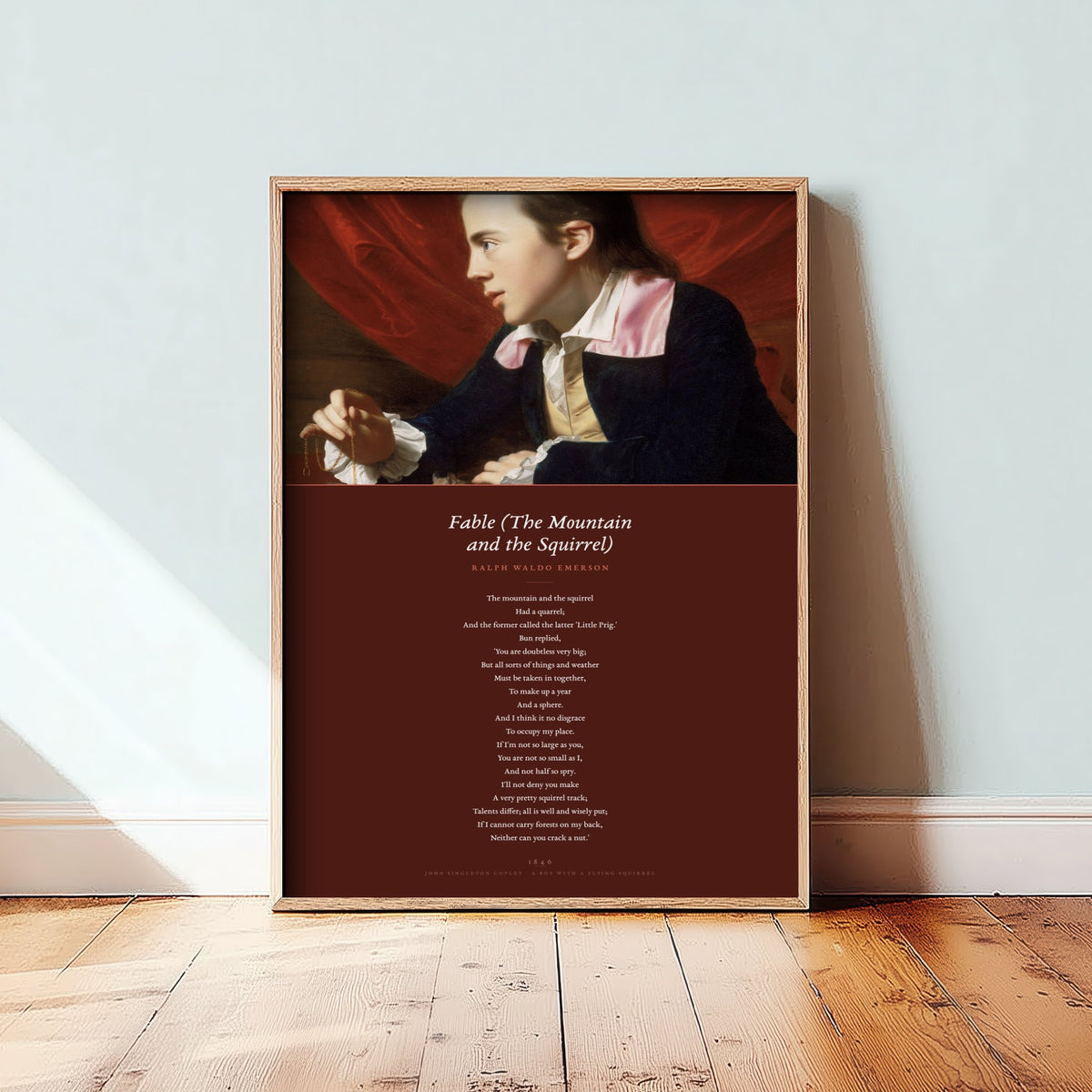 Fable The Mountain and the Squirrel by Ralph Waldo Emerson Art Print - Full Poem Poster beneath Boy with a Flying Squirrel Classic Painting